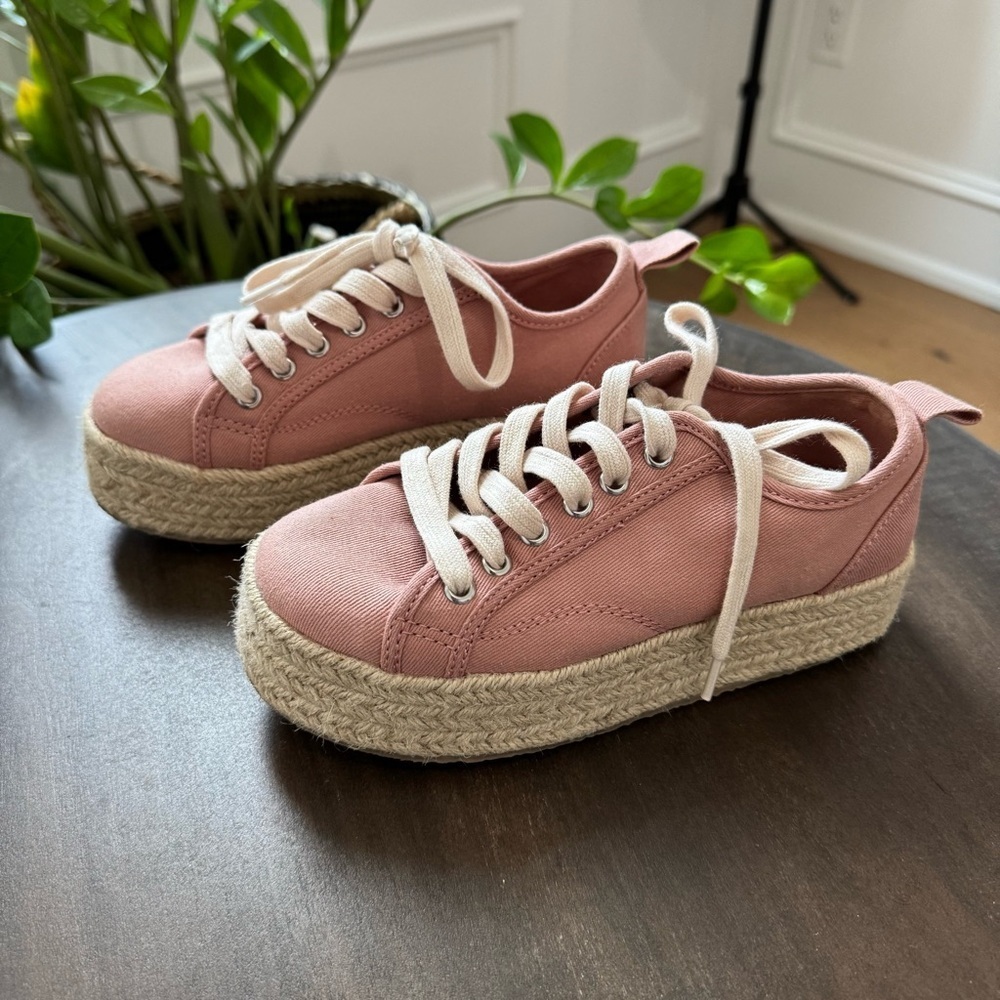 Zara Girls Pink Canvas Jute Platform Espadrille - Size 32 (US 1) - Like New